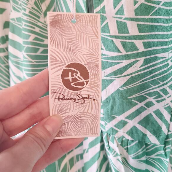 Panama Jack Womens XS Green White Palm Front Tropical Print Linen Blouse Botanic - Picture 3 of 8